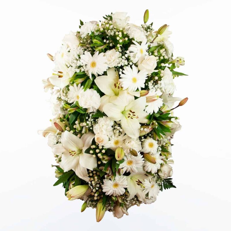 Palma de flores blanca para funerales morada, verde y rosa para enviar a tanatorios de madrid y toledo con cinta de condolencias.