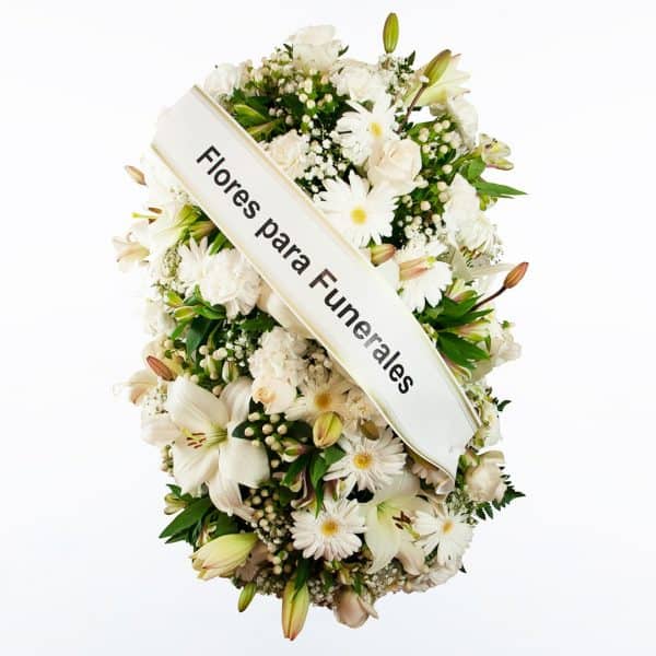 Palma de flores blanca para funerales morada, verde y rosa para enviar a tanatorios de madrid y toledo.