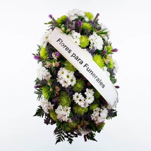 Palma de flores blanca, morada y verdepara funerales morada, verde y rosa para enviar a tanatorios de madrid y toledo con cinta de condolencias