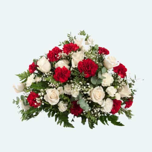 centro de flores rojo y blanco para enviar al tanatorio.